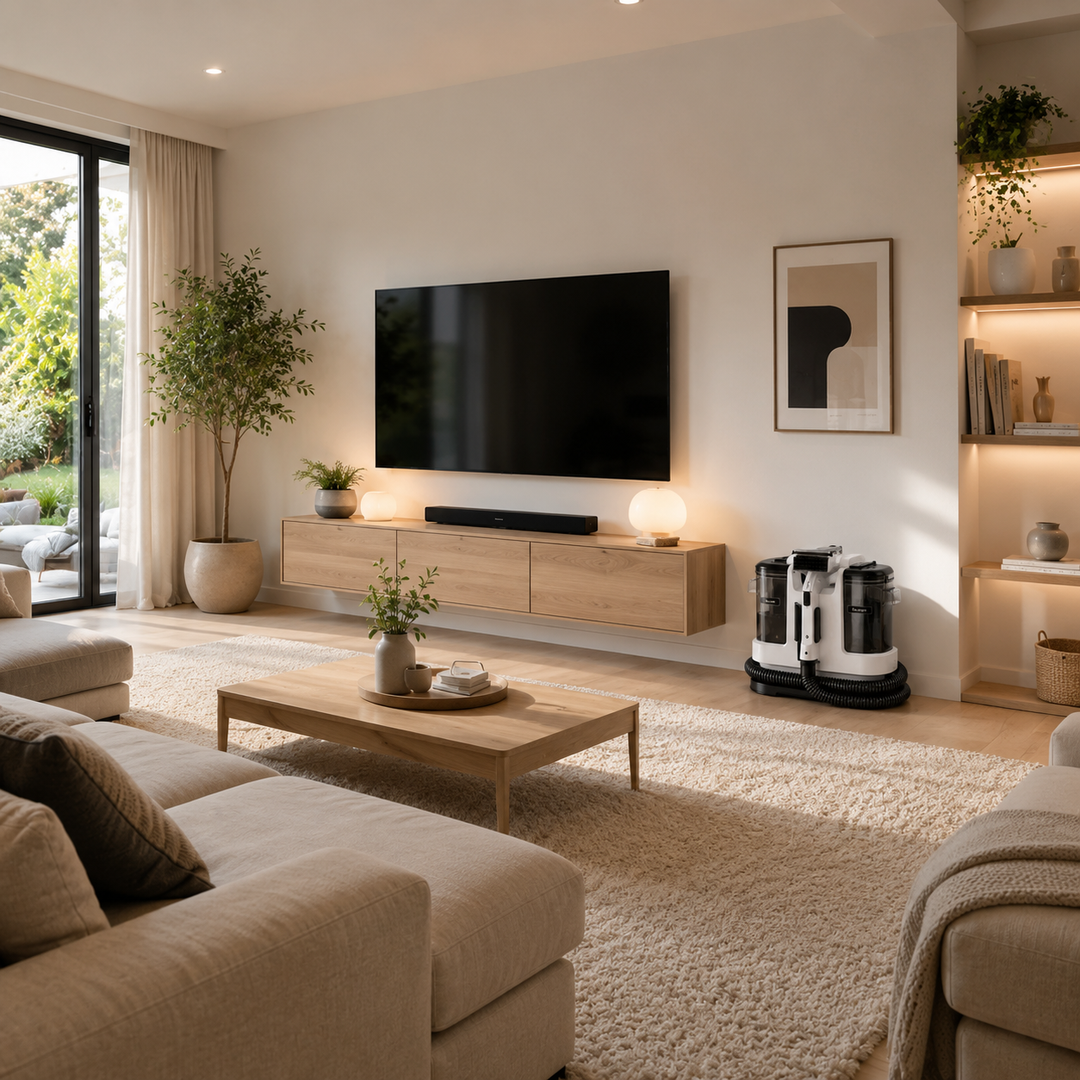 Shampouineuse noir et blanc installé dans un salon contemporain, face à un meuble TV en bois, avec canapé beige, tapis clair, plantes décoratives et étagères éclairées