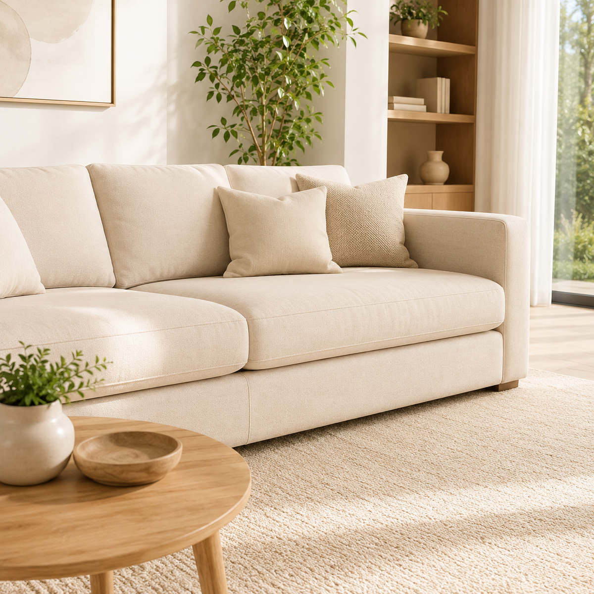 Canapé beige clair aux lignes épurées dans un salon lumineux, accompagné de coussins écrus, d’une table basse en bois, d’une plante verte et d’une grande fenêtre donnant sur l’extérieur