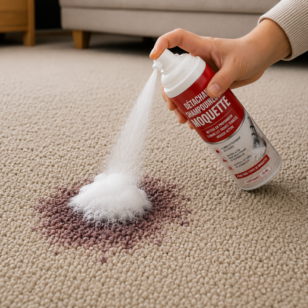 Application d’un détachant shampouineuse sur une tâche incrustée dans un tapis, avec la mousse active formée directement sur la zone à traiter