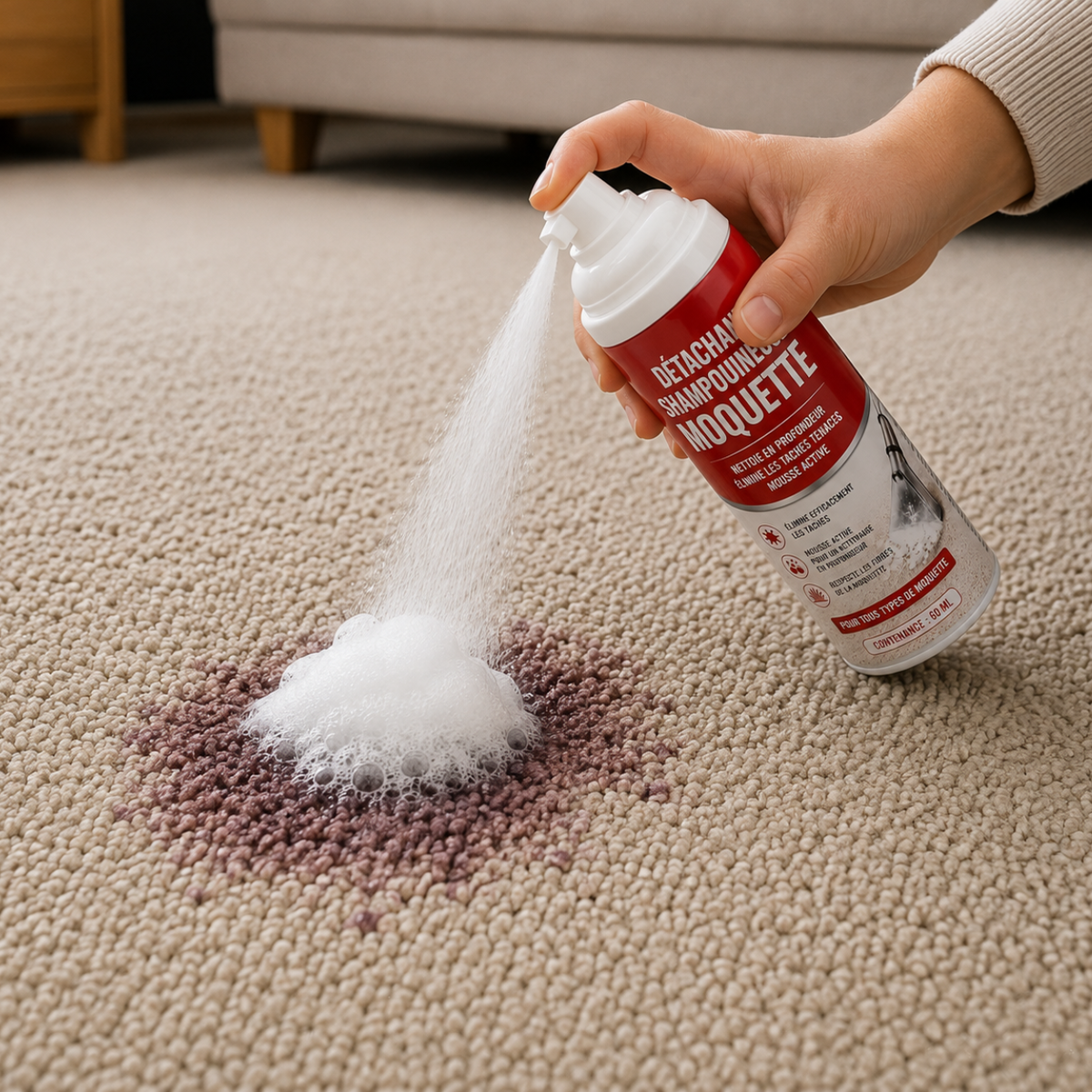 Application d’un détachant shampouineuse sur une tâche incrustée dans un tapis, avec la mousse active formée directement sur la zone à traiter