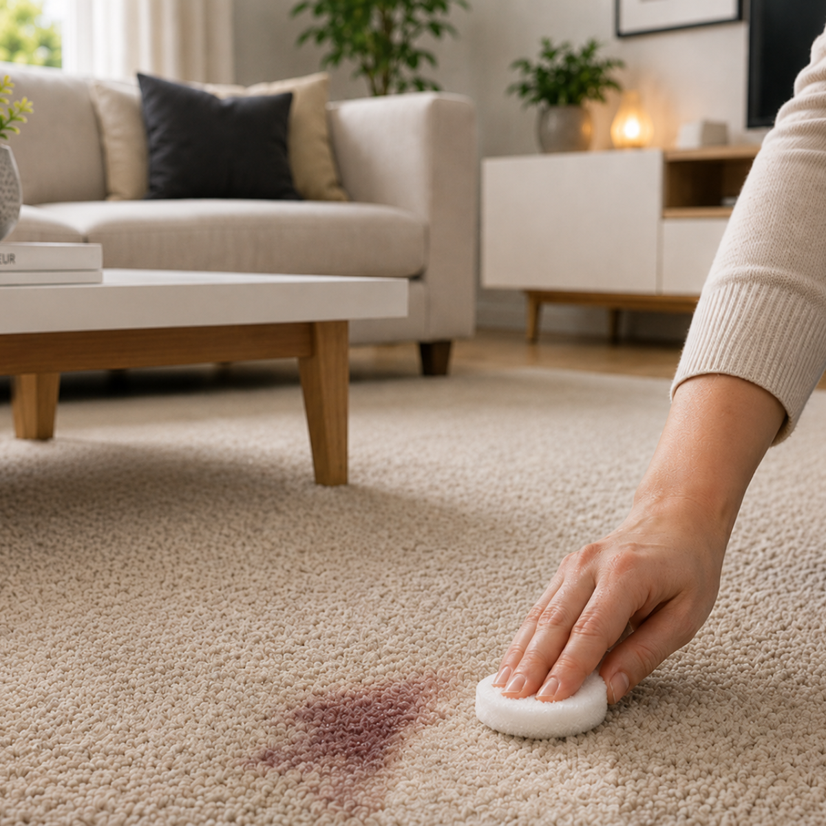 Nettoyage d’une tache sur un tapis clair avec une mousse détachante appliquée à l’aide d’un tampon, dans un intérieur chaleureux
