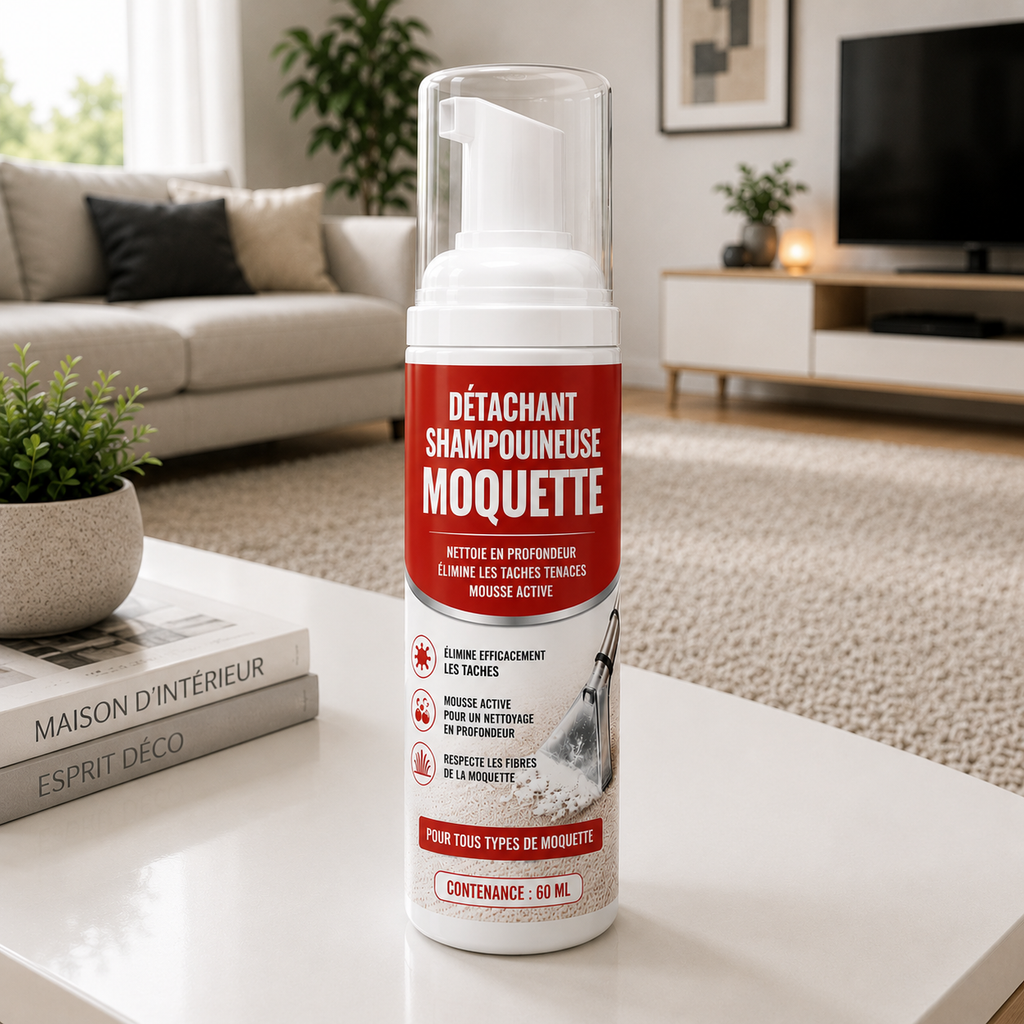 Détachant shampouineuse moquette Nettovia posé sur une table basse blanche, salon lumineux