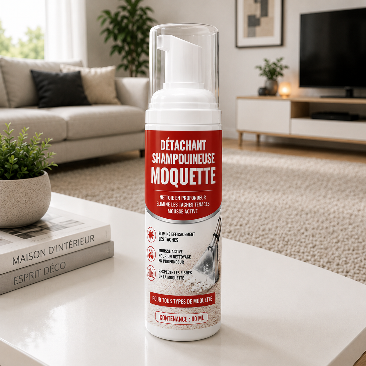 Détachant shampouineuse moquette Nettovia posé sur une table basse blanche, salon lumineux