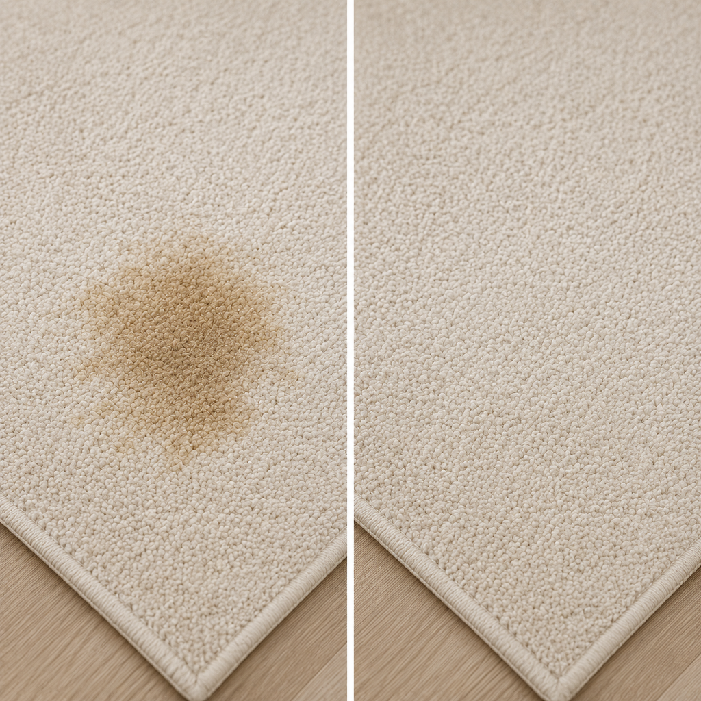 Comparaison avant-après d'une tache sur tapis nettoyée avec le détachant shampouineuse tissu Nettovia