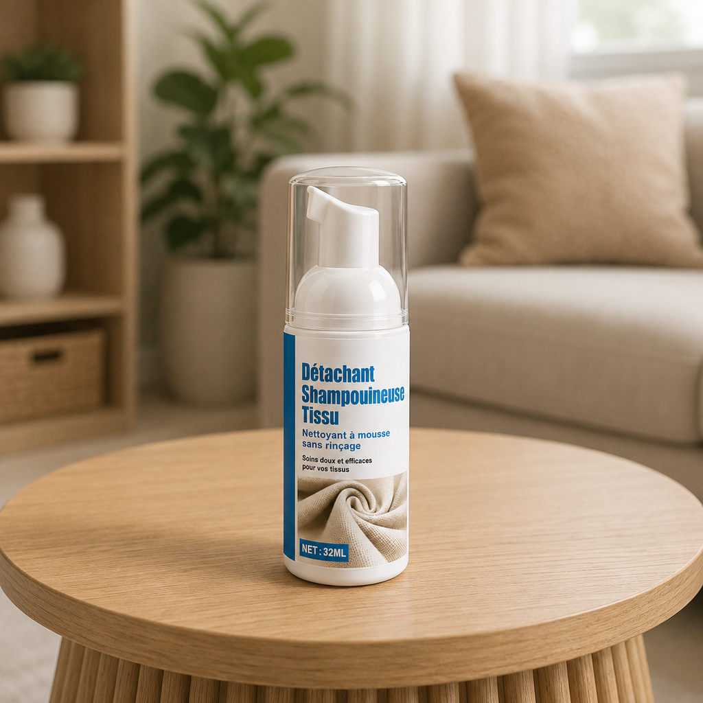 Détachant shampouineuse tissu Nettovia posé sur une table basse en bois, salon lumineux