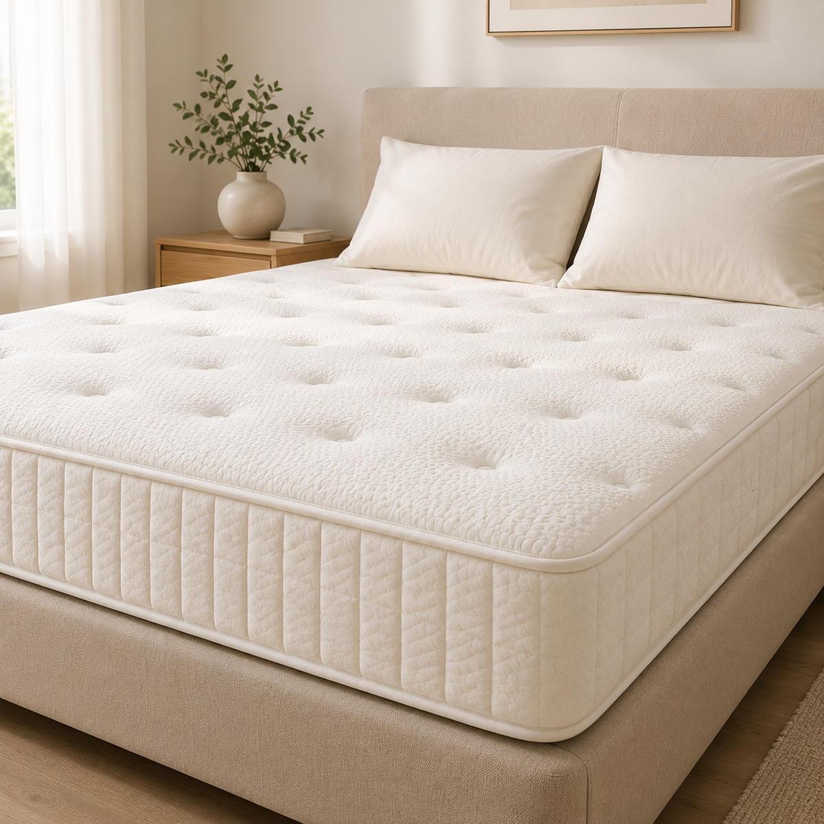 Matelas blanc épais à surface matelassée installé sur un sommier beige, dans une chambre lumineuse avec deux oreillers, une table de chevet en bois et une plante décorative