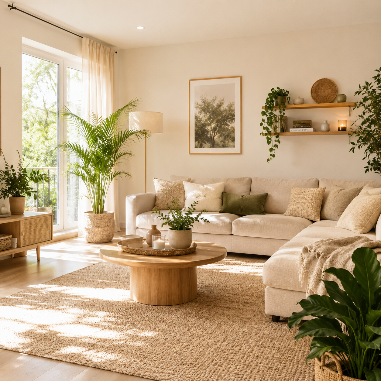 Grand salon lumineux avec canapé d’angle beige, table basse en bois, tapis écru et nombreuses plantes vertes, baigné de lumière naturelle par de grandes fenêtres Image