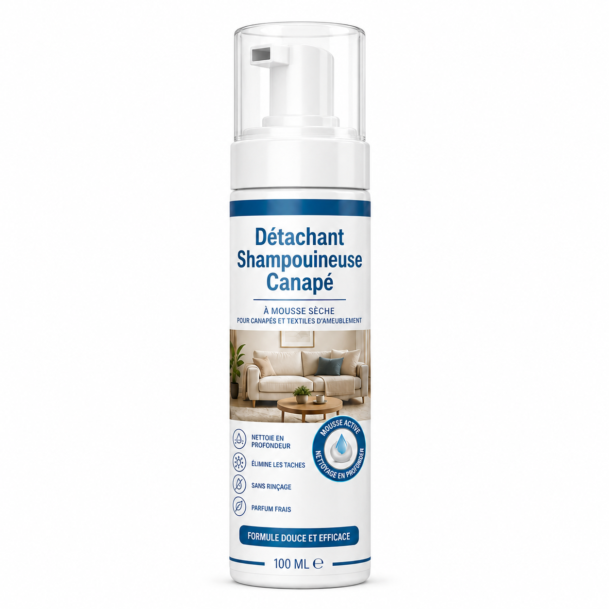 Détachant shampouineuse canapé Nettovia, flacon mousse sèche 100 ml