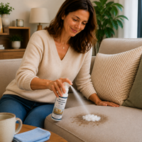 Détachage d’un canapé en tissu avec un shampoing nettoyant en spray, appliqué directement sur une tache avec formation de mousse sur l’assise