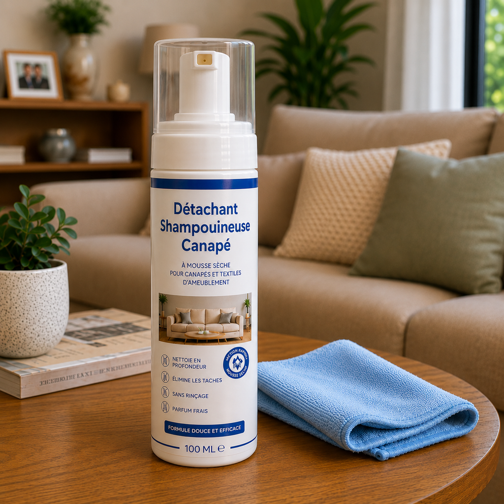 Détachant shampouineuse canapé Nettovia posé sur une table basse avec microfibre bleue, salon lumineux