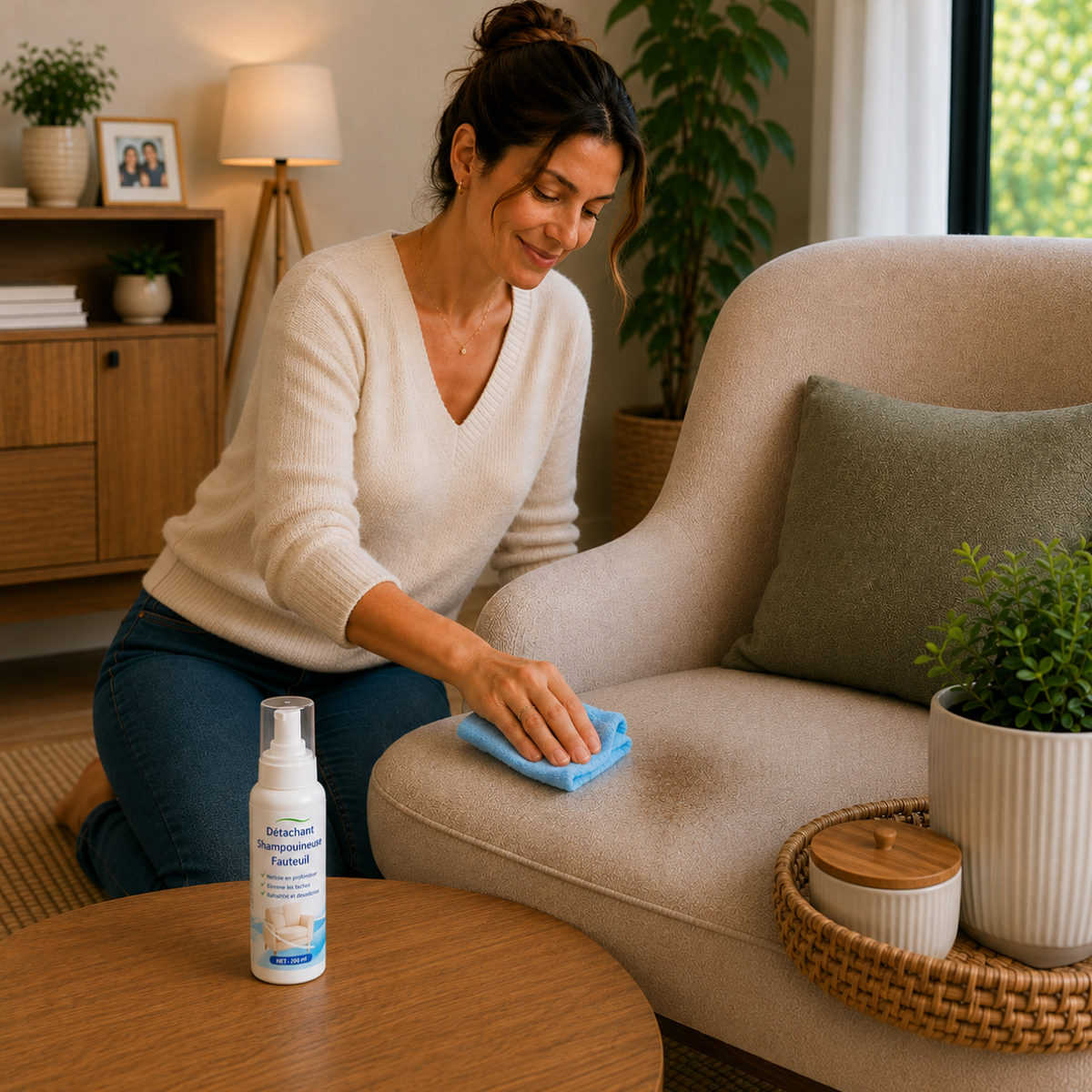 Une femme nettoie le tissu d’un fauteuil avec un chiffon bleu, avec un flacon de détachant shampouineuse posé sur la table