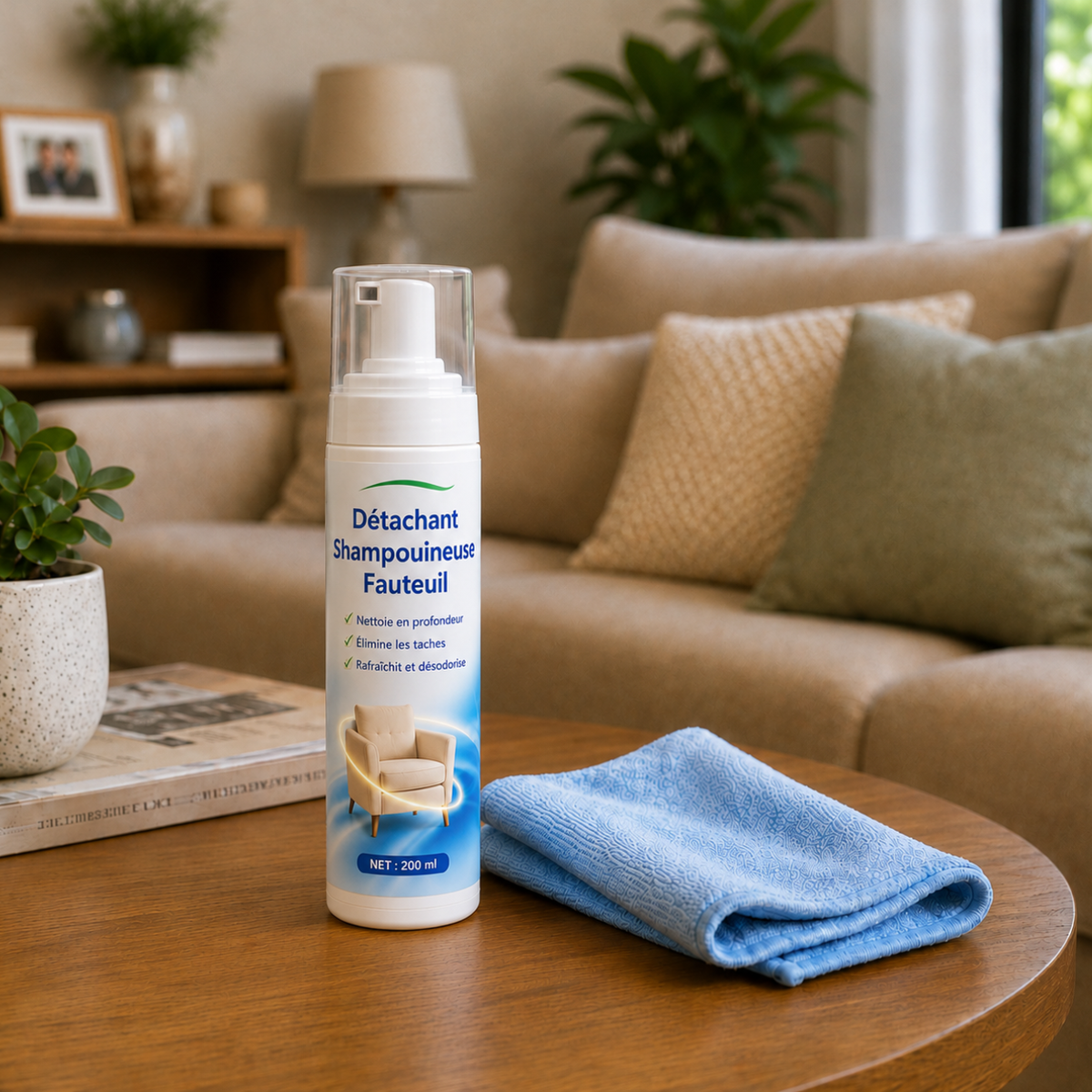 Flacon de détachant shampouineuse pour fauteuil posé sur une table en bois, accompagné d’un chiffon bleu, avec un canapé en tissu en arrière-plan