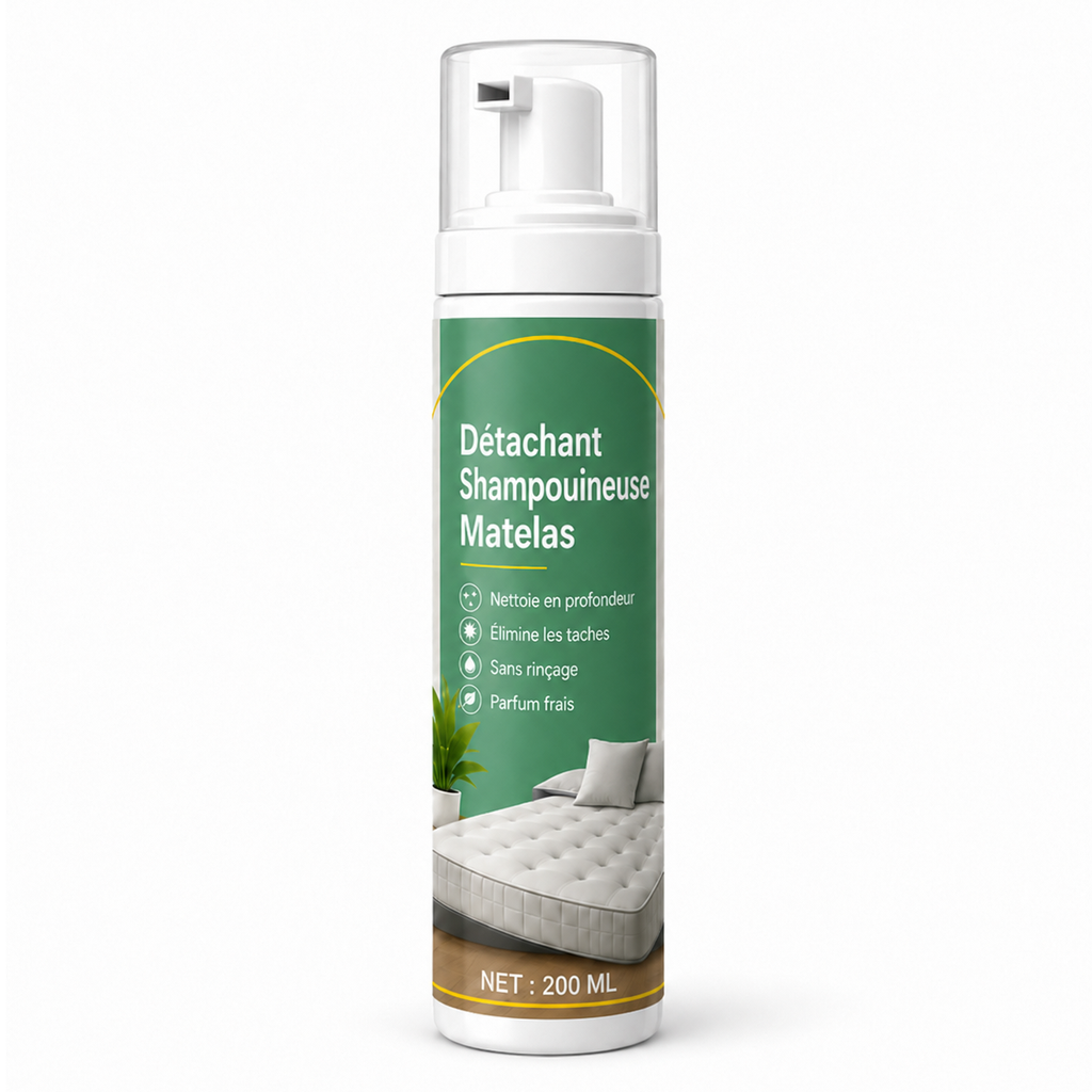 Flacon de détachant shampouineuse pour matelas, présenté seul sur fond blanc, avec pompe doseuse et étiquette verte indiquant une action nettoyante en profondeur, et sans rinçage