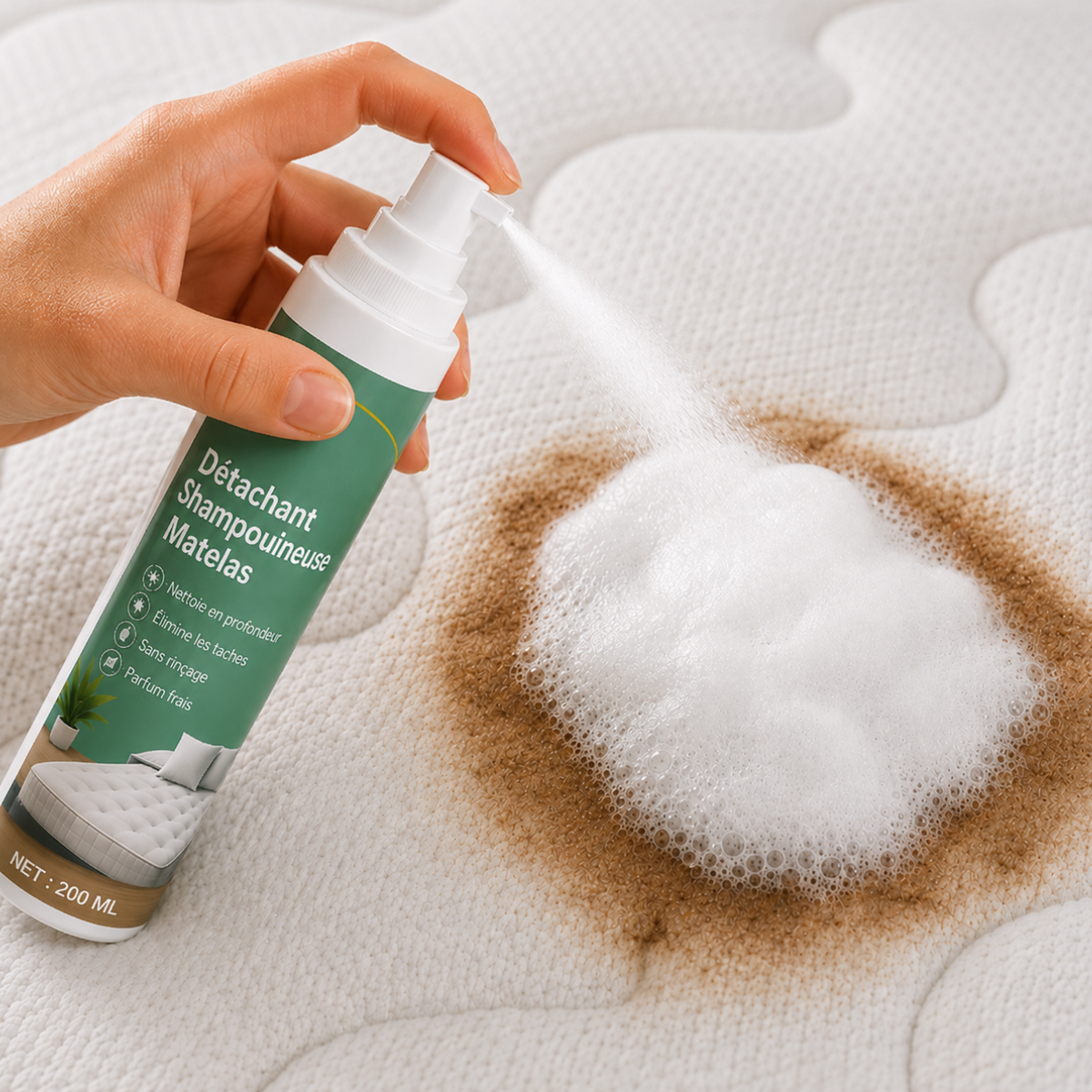 Application d’un détachant shampouineuse sur une tache brune d’un matelas, avec une mousse abondante qui recouvre directement la zone à nettoyer