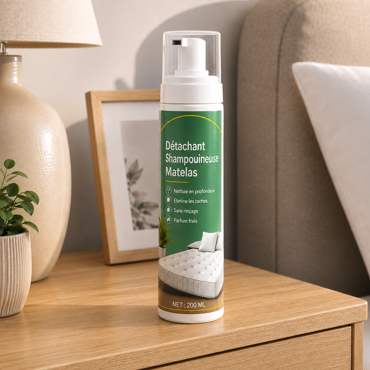 Détachant shampouineuse matelas Nettovia posé sur une table de chevet, chambre lumineuse