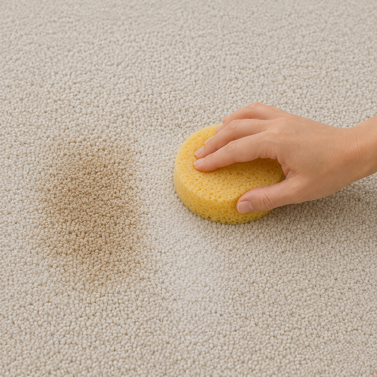 Nettoyage d'une tache sur tapis avec une éponge après application du produit liquide shampouineuse Nettovia