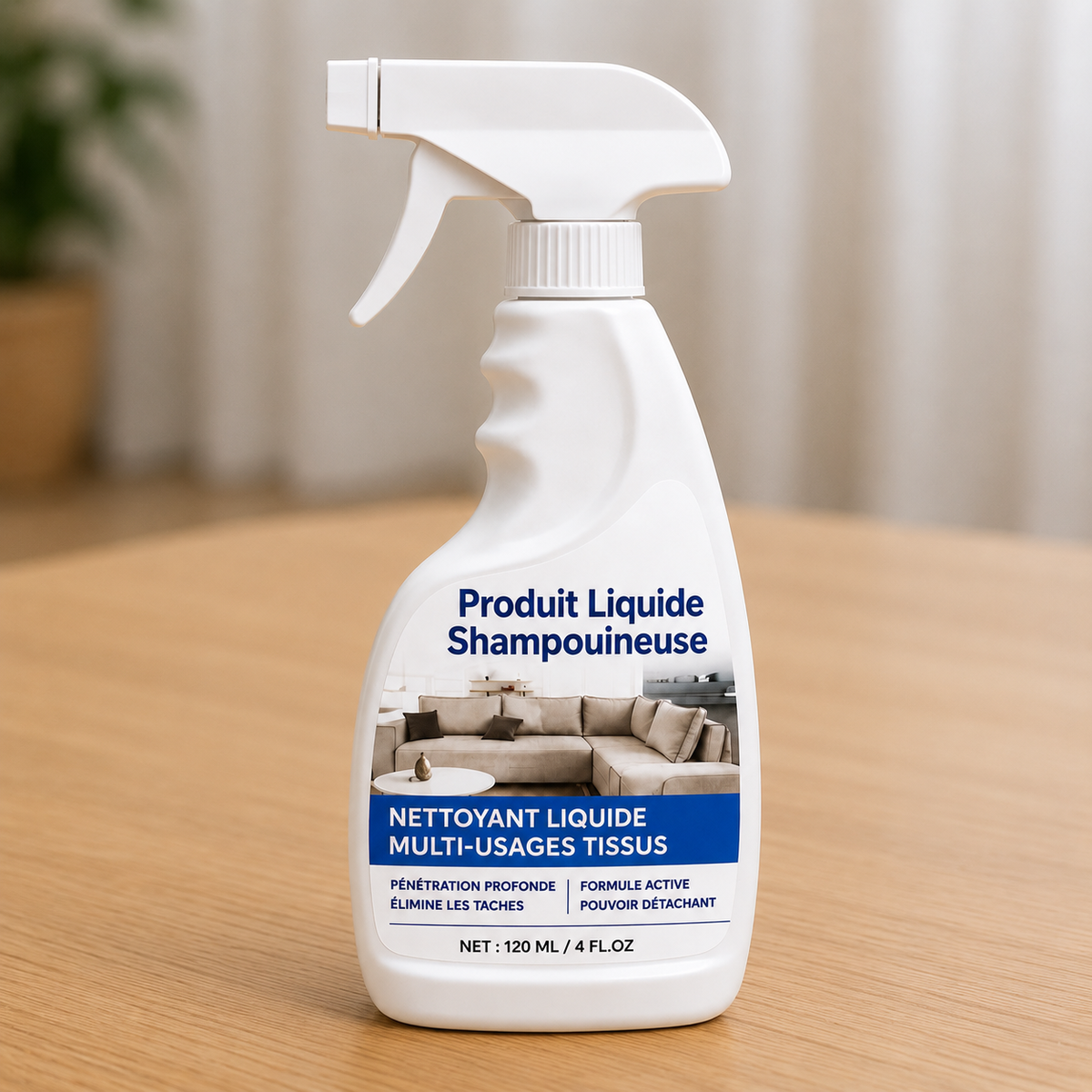Produit liquide shampouineuse Nettovia posé sur une table en bois, ambiance intérieure lumineuse