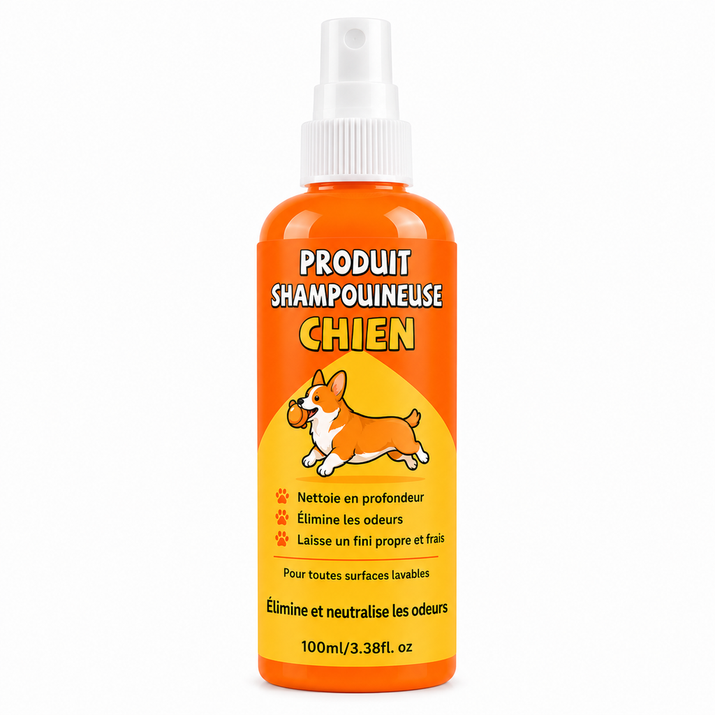 Produit shampouineuse chien Nettovia, spray 100 ml, flacon orange avec illustration de corgi