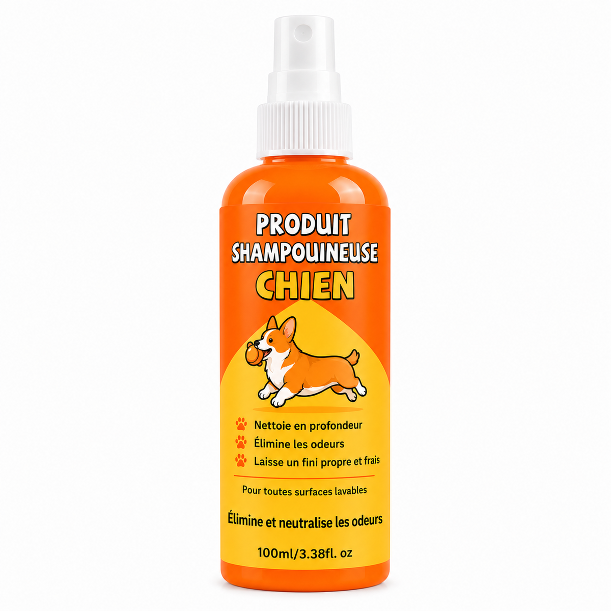 Produit shampouineuse chien Nettovia, spray 100 ml, flacon orange avec illustration de corgi