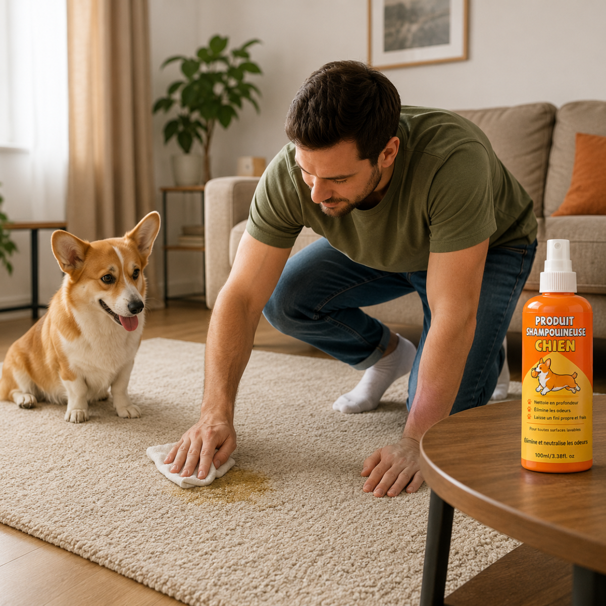 Nettoyage d’une tache sur un tapis à l’aide d’un produit shampouineuse pour chien, avec le flacon visible à côté et un chien présent dans la pièce