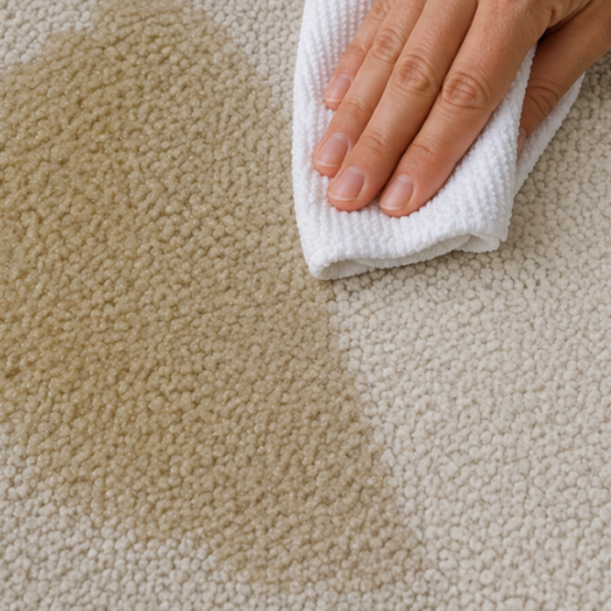 Main retirant une tache d’un tapis clair à l’aide d’un chiffon blanc, avec une zone nettoyée visiblement plus claire autour du tissu