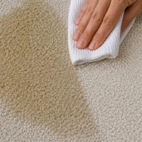 Main retirant une tache d’un tapis clair à l’aide d’un chiffon blanc, avec une zone nettoyée visiblement plus claire autour du tissu