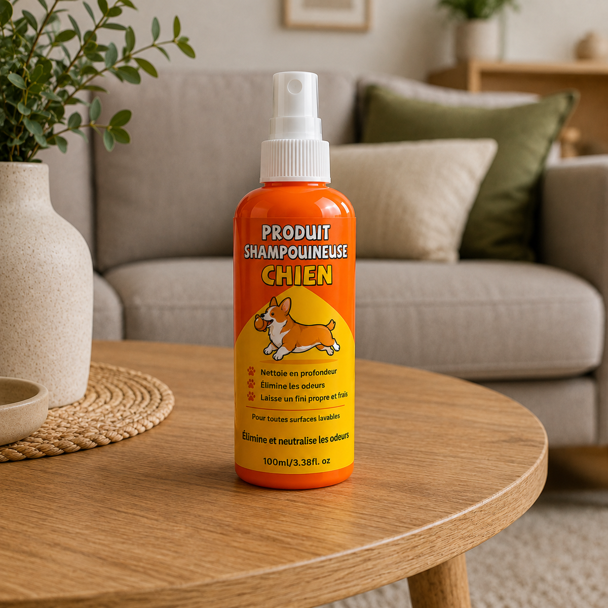 Produit shampouineuse chien Nettovia, posé sur une table basse en bois, salon lumineux