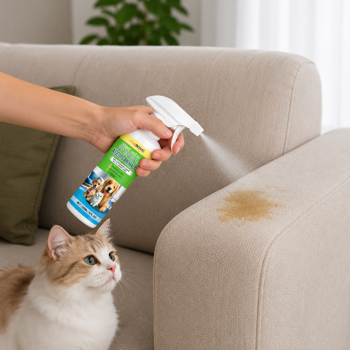 Application du produit shampouineuse spécial animaux Nettovia sur une tache de canapé, chat à proximité