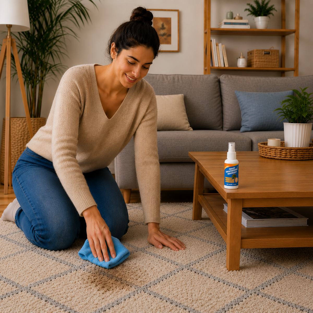 Femme nettoyant un tapis à motifs avec un chiffon bleu, tandis qu’un détachant shampoing pour textiles est posé sur la table basse à proximité
