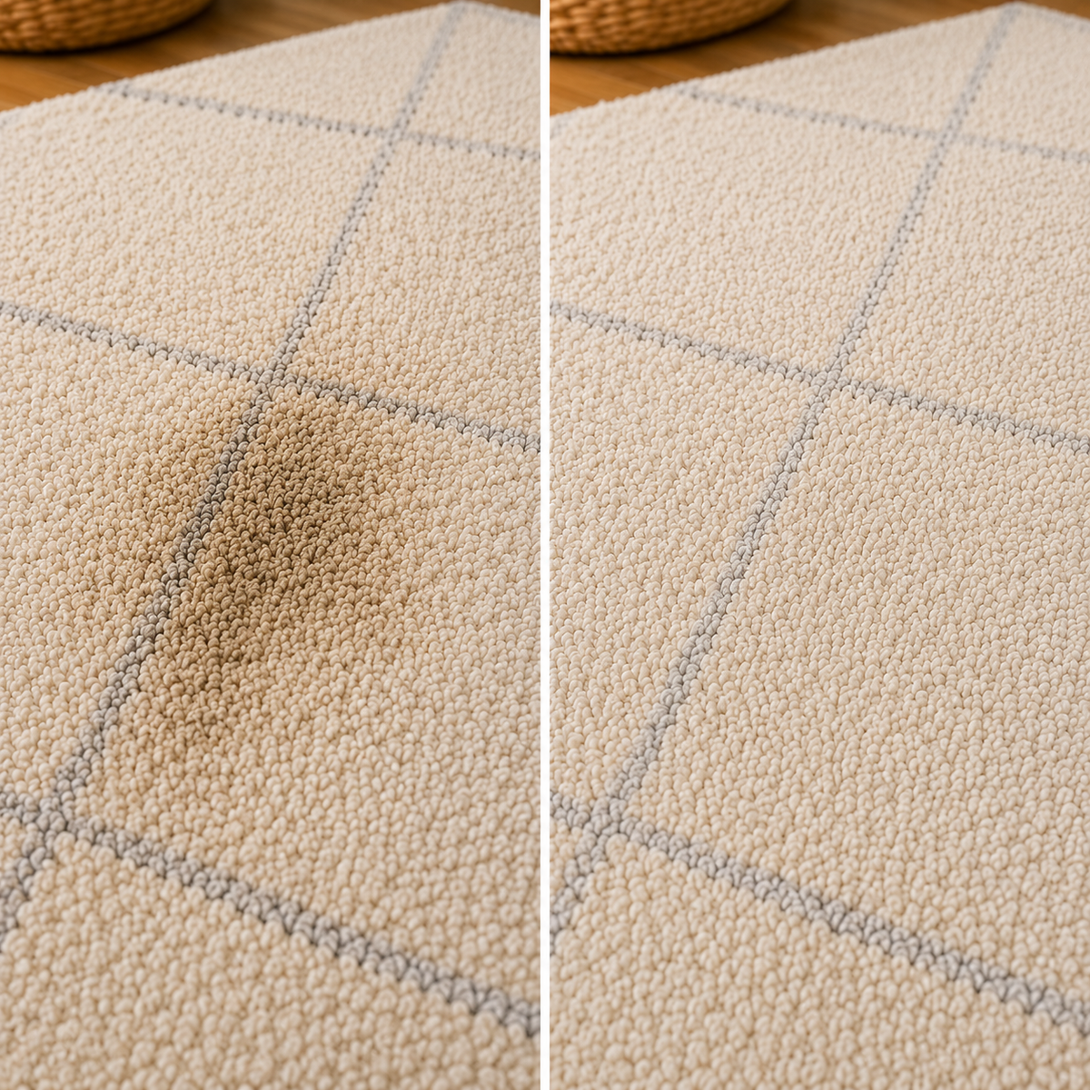 Comparaison avant-après d'une tache sur tapis à motif nettoyée avec le produit shampouineuse universelle Nettovia