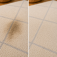 Comparaison avant-après d'une tache sur tapis à motif nettoyée avec le produit shampouineuse universelle Nettovia