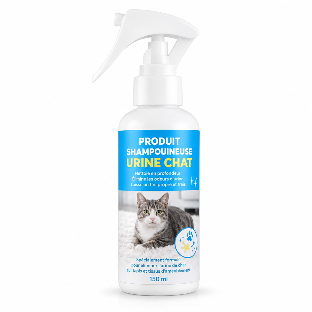 Produit shampouineuse urine chat Nettovia, spray 150 ml, flacon avec photo de chat sur tapis