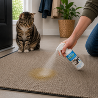 Application du produit shampouineuse urine chat Nettovia sur une tache de tapis, chat assis à proximité