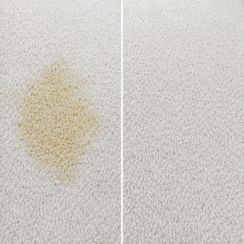 Comparaison avant-après d'une tache d'urine de chat sur tapis nettoyée avec le produit shampouineuse Nettovia