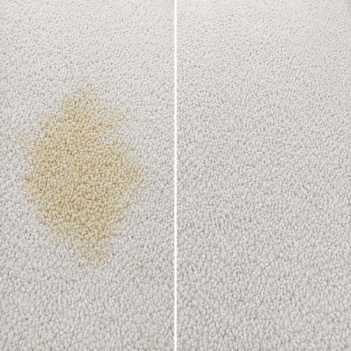 Comparaison avant-après d'une tache d'urine de chat sur tapis nettoyée avec le produit shampouineuse Nettovia