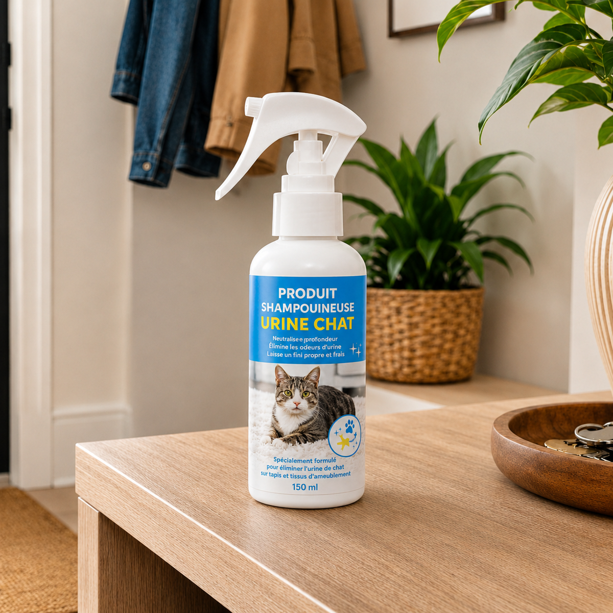 Produit shampouineuse pour urine de chat, posé sur un meuble en bois dans un intérieur chaleureux, avec une plante verte et des vêtements suspendus en arrière-plan