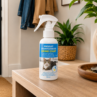 Produit shampouineuse pour urine de chat, posé sur un meuble en bois dans un intérieur chaleureux, avec une plante verte et des vêtements suspendus en arrière-plan