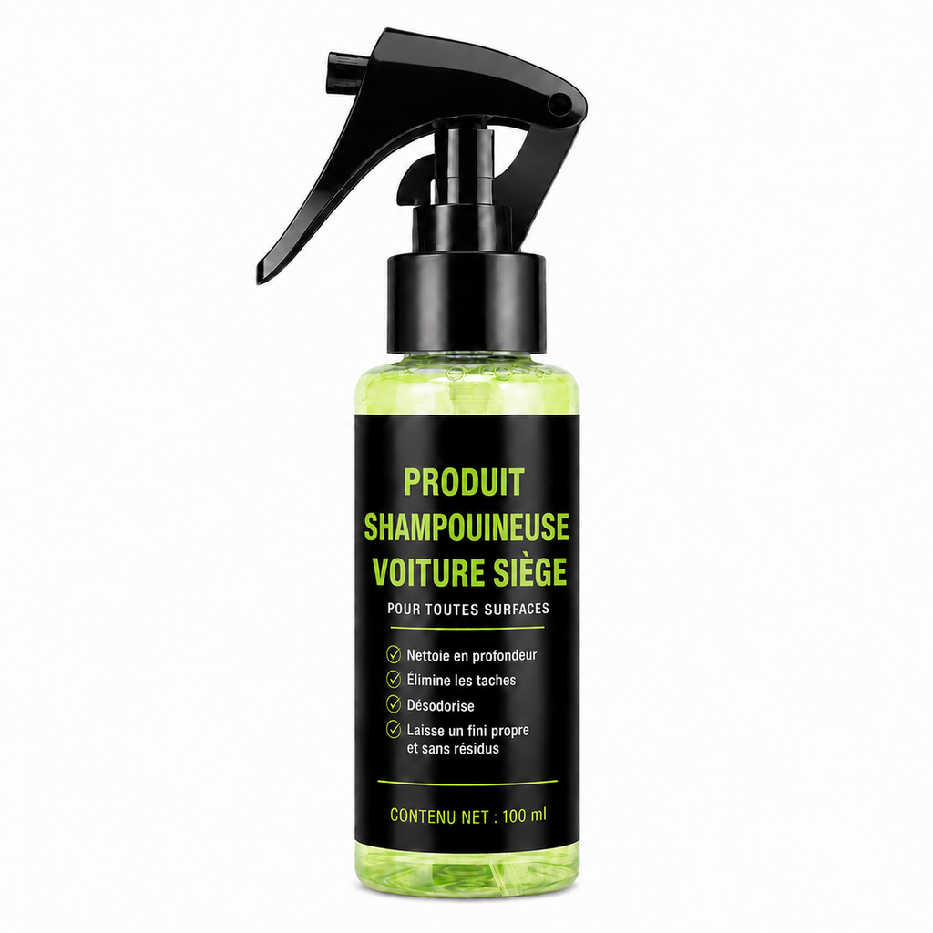 Produit shampouineuse voiture siège Nettovia, spray 100 ml, flacon noir liquide vert transparent