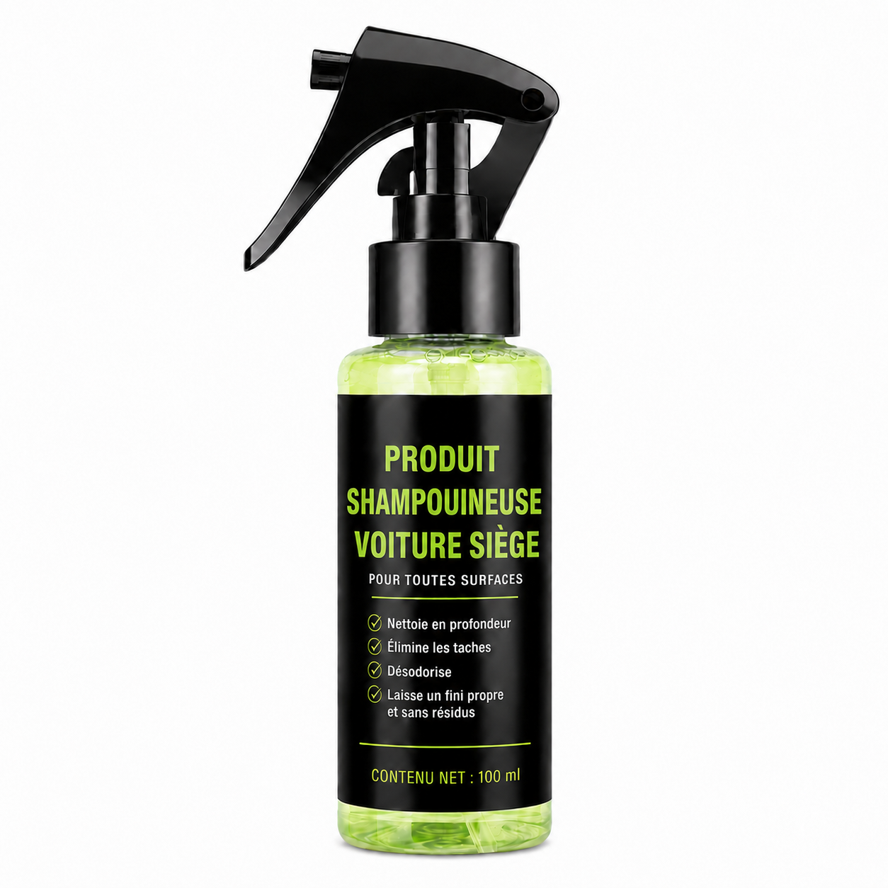 Produit shampouineuse voiture siège Nettovia, spray 100 ml, flacon noir liquide vert transparent
