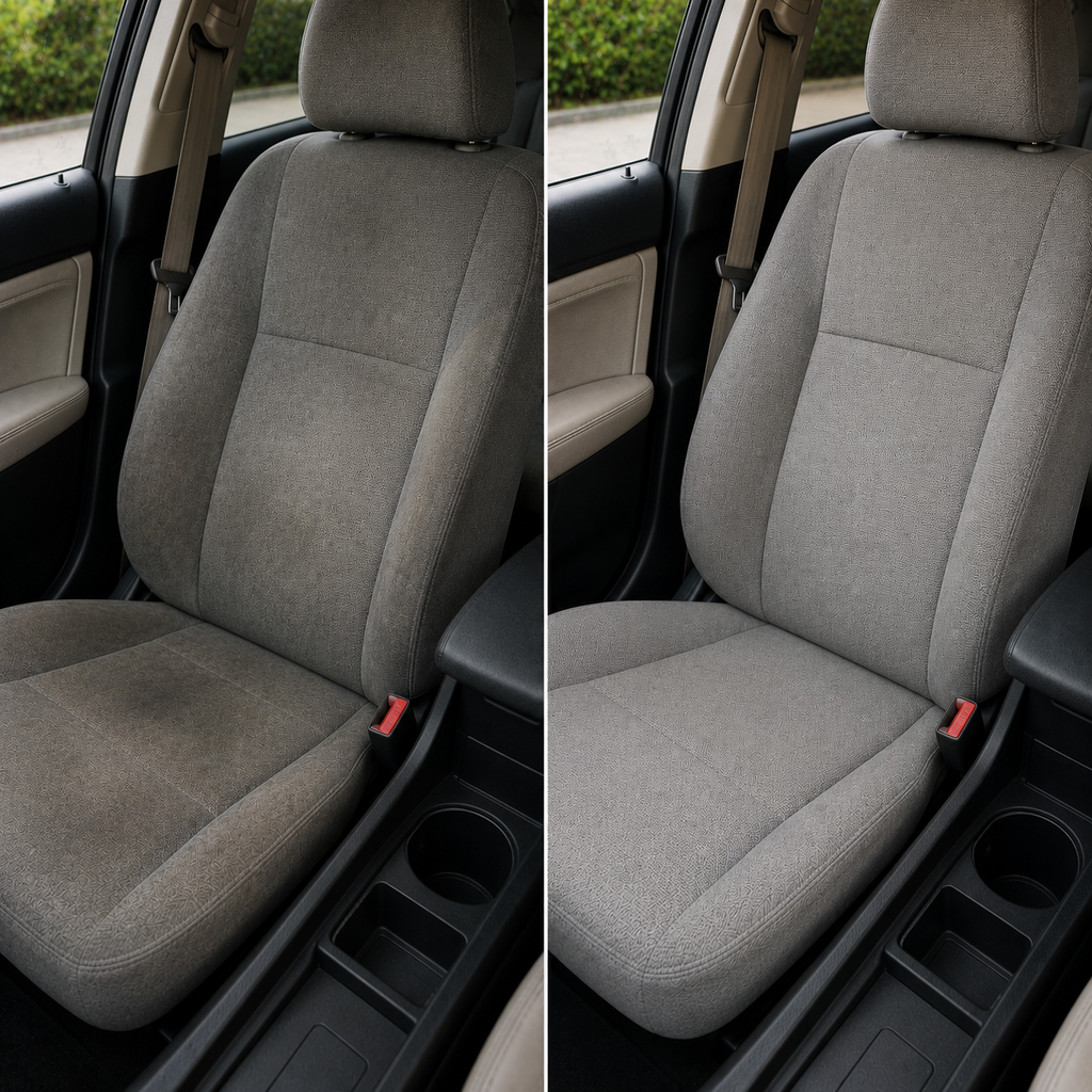 Comparaison avant-après d'un siège de voiture nettoyé avec le produit shampouineuse voiture siège Nettovia