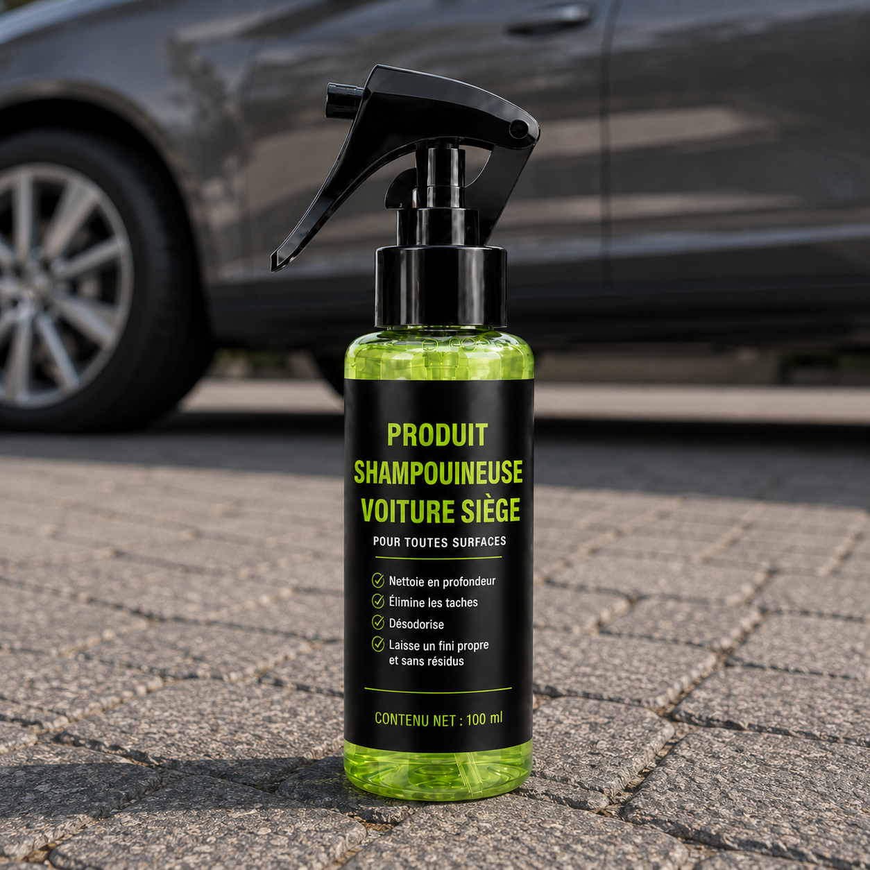Produit shampouineuse voiture siège Nettovia posé sur des pavés devant une voiture