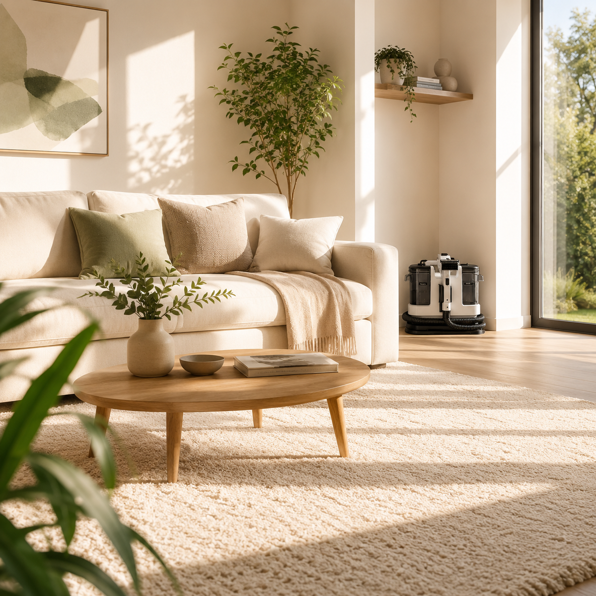 Shampouineuse noir et blanc installé dans un salon baigné de lumière naturelle, près d’un canapé beige, d’une table basse en bois et d’une grande baie vitrée donnant sur un jardin Image