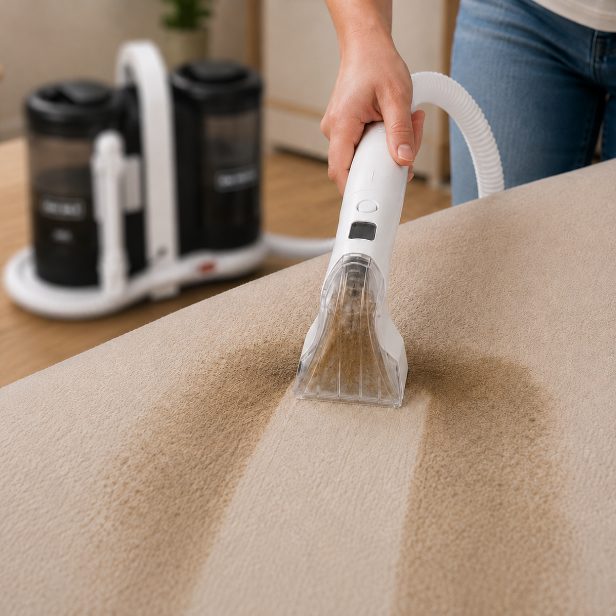 Gros plan sur la buse d’une shampouineuse en action sur un canapé en tissu, avec extraction des saletés visibles dans les fibres
