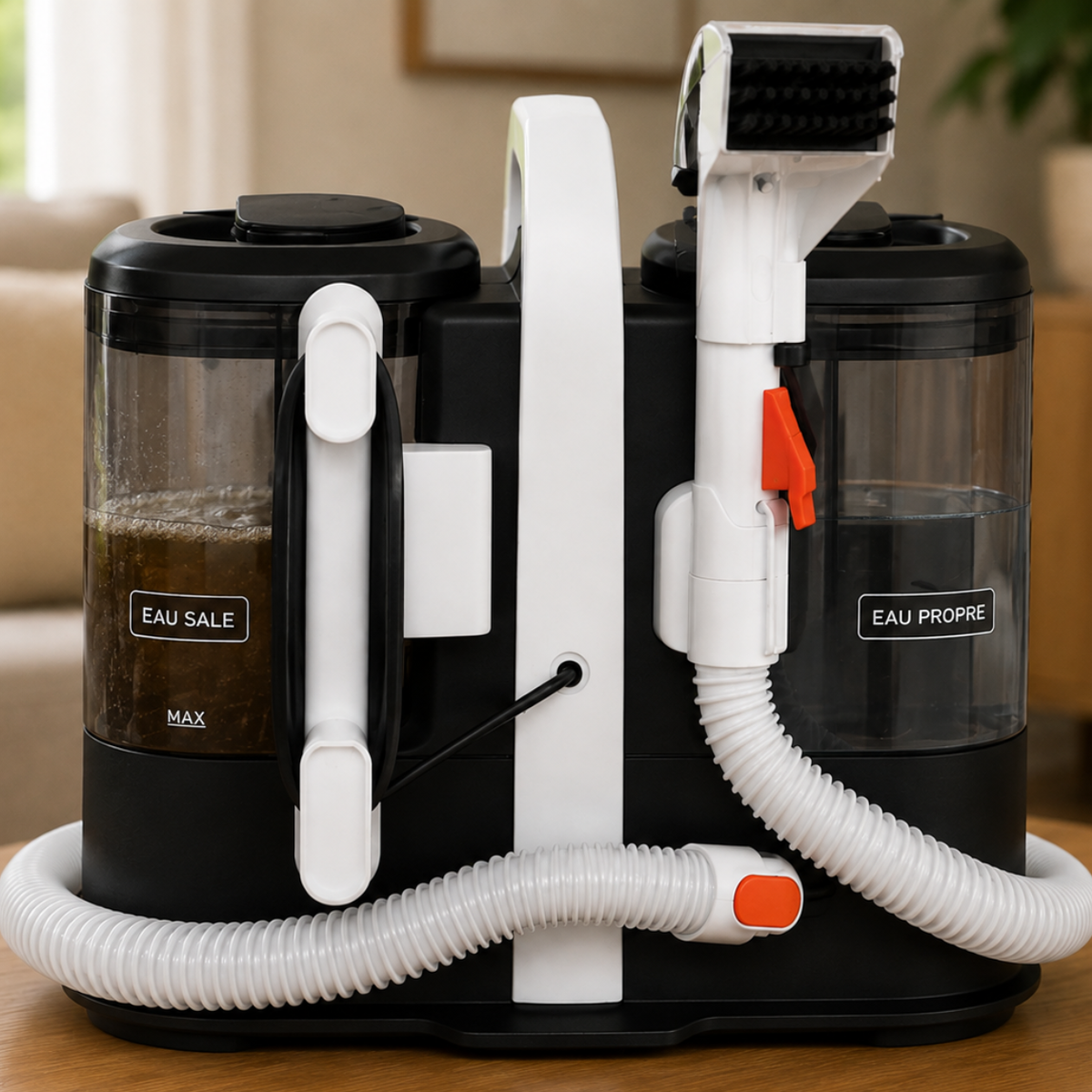 Shampouineuse pour canapé avec réservoirs d’eau propre et sale, tuyau flexible et buse de nettoyage