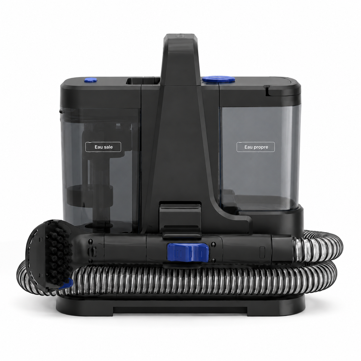 Shampouineuse matelas vapeur Nettovia, réservoirs eau propre et eau sale, tuyau spiralé et brosse
