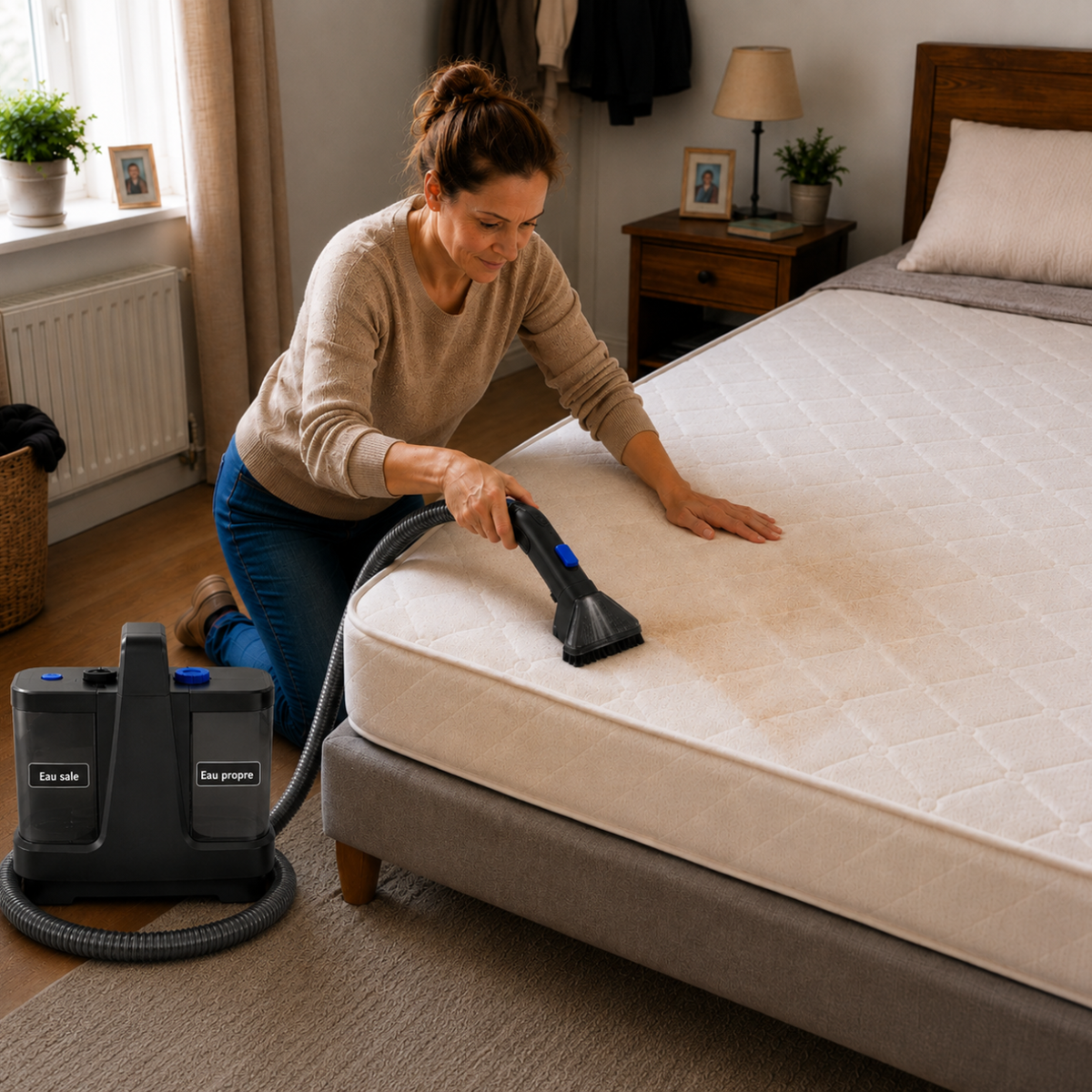Une femme nettoie un matelas avec une shampouineuse, en utilisant un embout d’aspiration sur la surface du matelas
