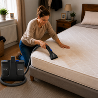 Une femme nettoie un matelas avec une shampouineuse, en utilisant un embout d’aspiration sur la surface du matelas