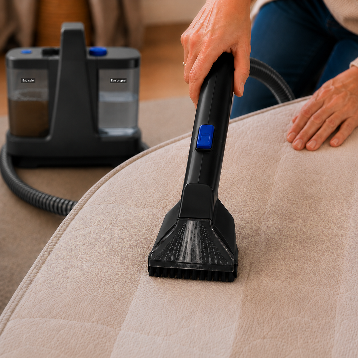 Gros plan sur l'embout de la shampouineuse matelas vapeur Nettovia appliqué sur un matelas