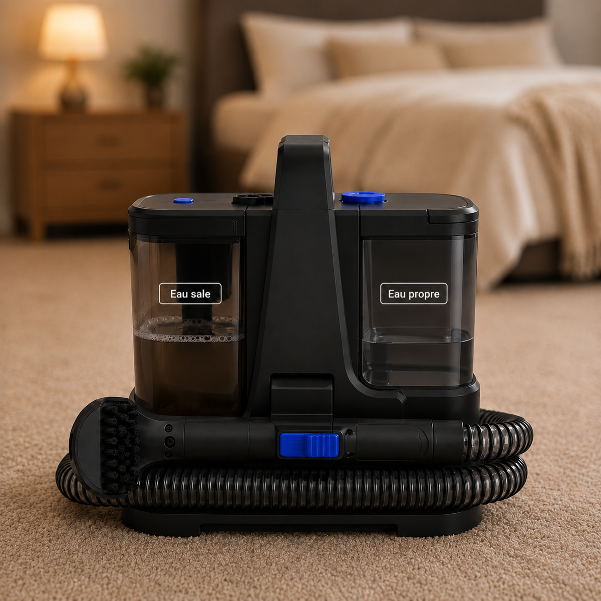 Shampouineuse matelas vapeur Nettovia posée sur un tapis de chambre à coucher