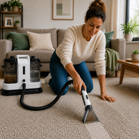 Une femme utilise une shampouineuse pour nettoyer en profondeur un tapis, avec les réservoirs d’eau propre et d’eau sale visibles à côté